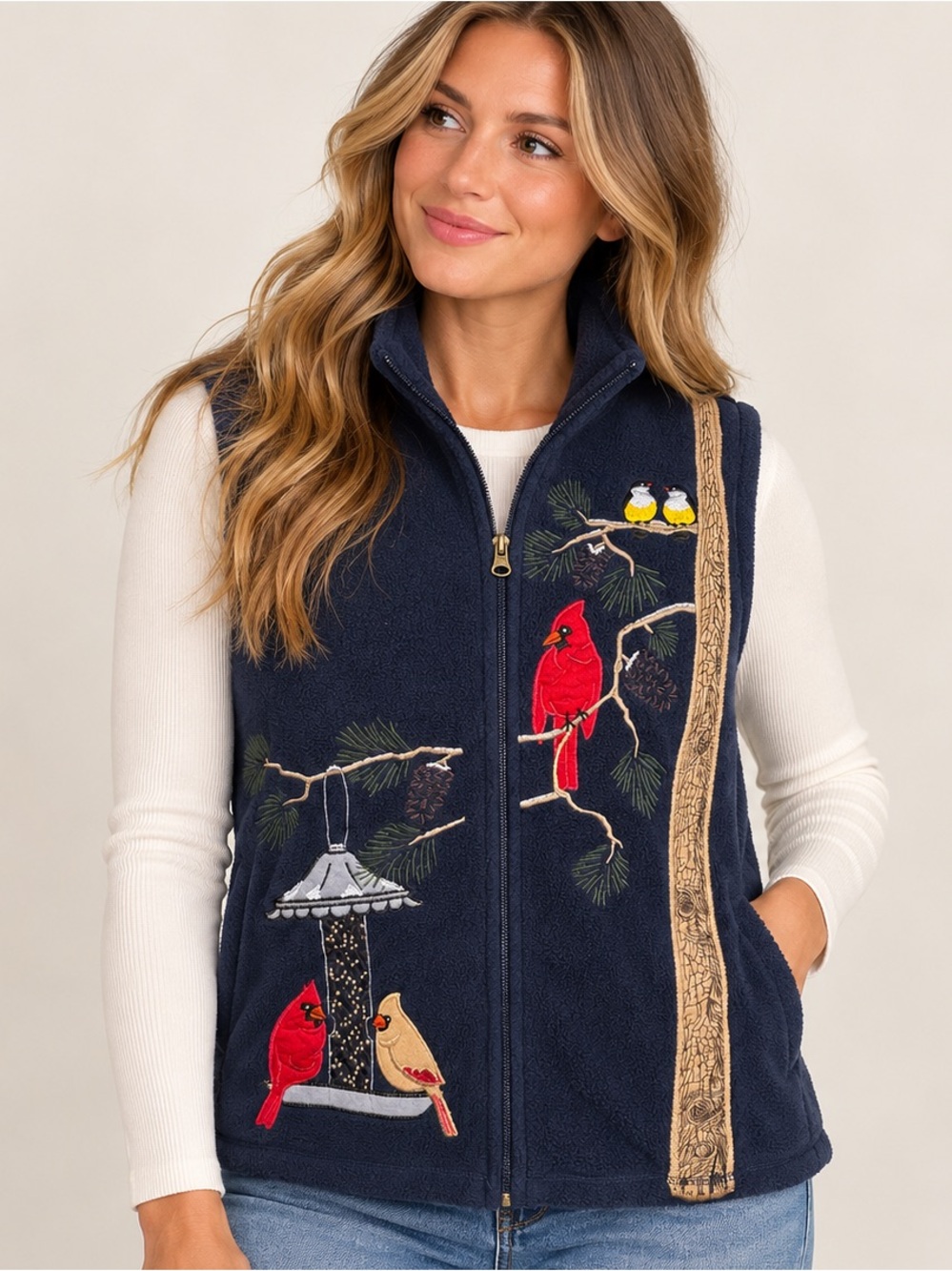 Rebecca Malone Navy Fleece Vest Embroidered Cardinal Birds Small